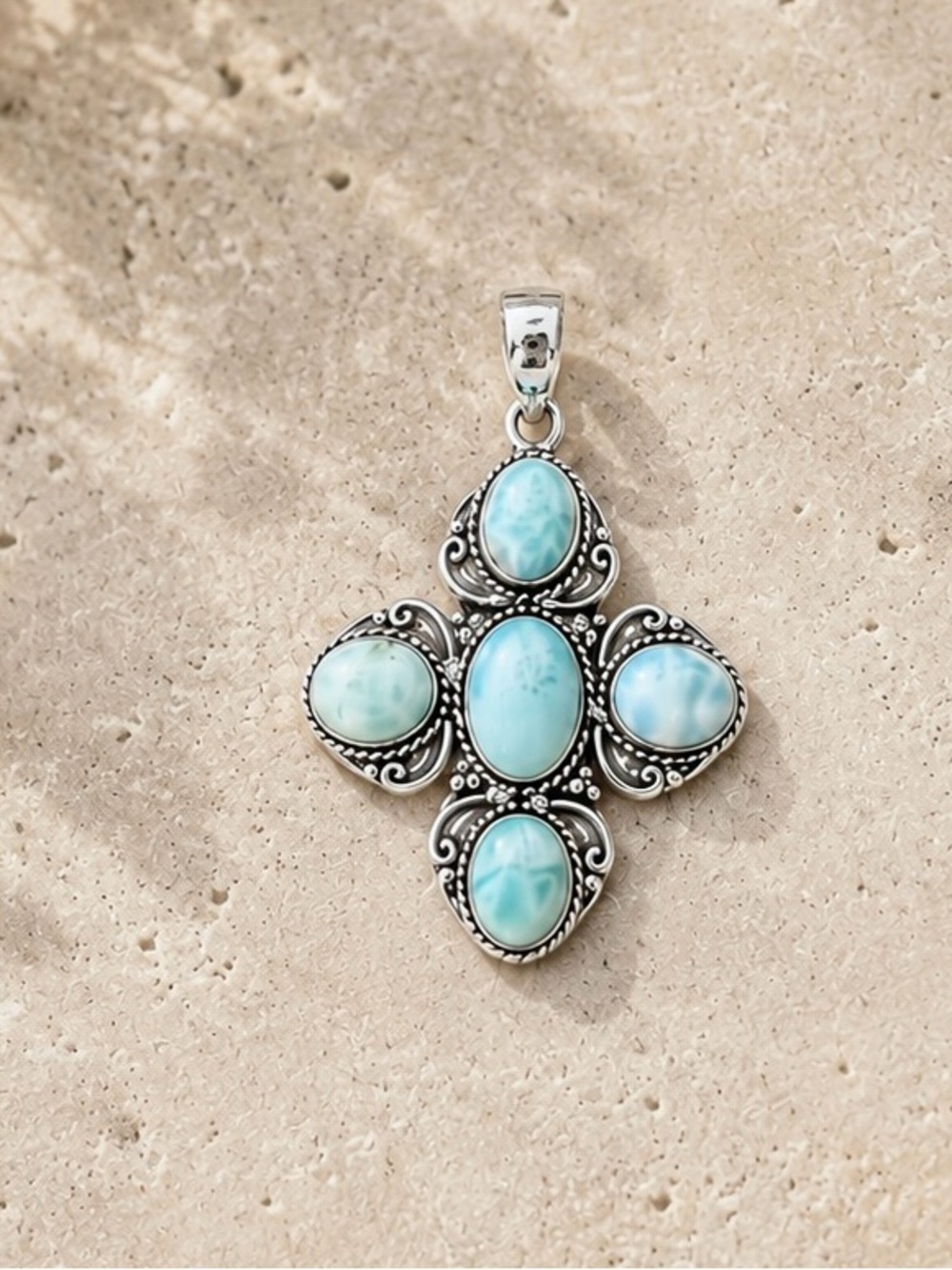 5-stone Natural Larimar Cross Silver 2.3” Pendant-AP42613